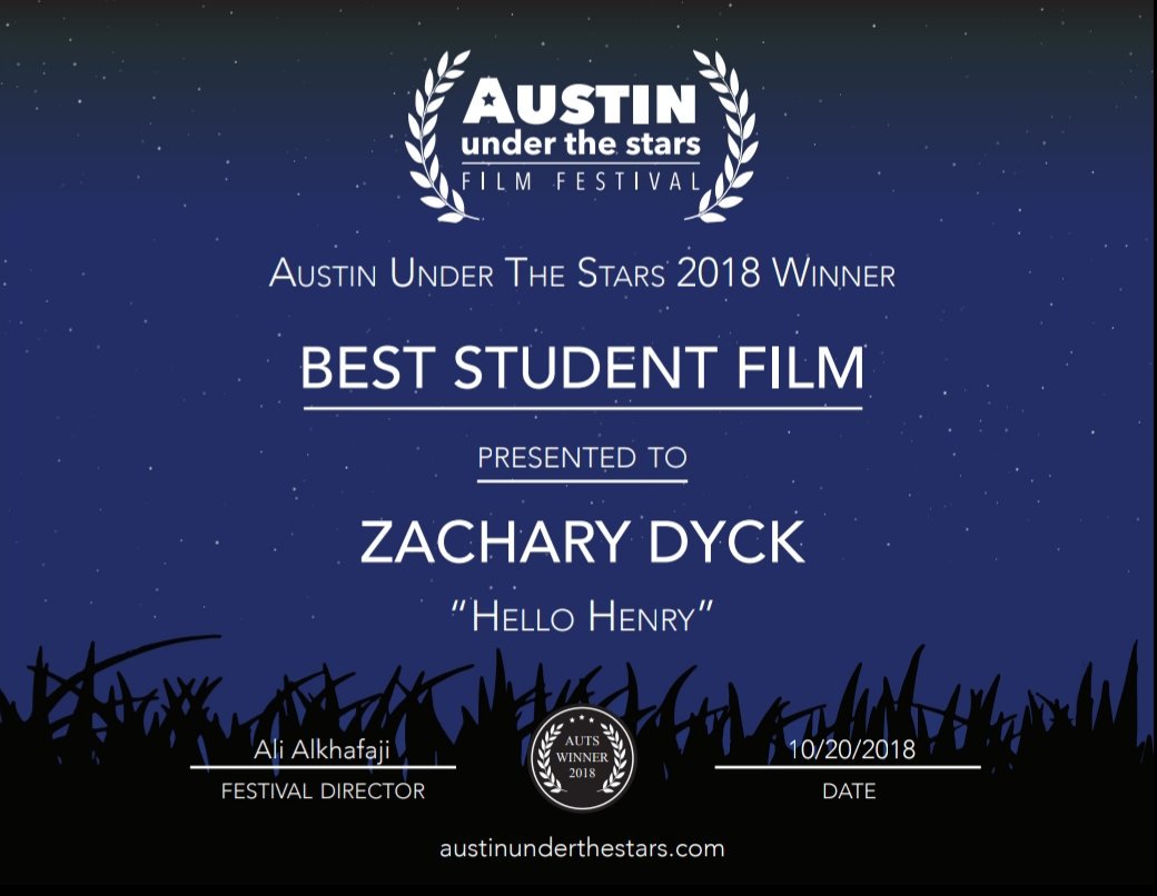 This past weekend, we have been honored with BEST STUDENT FILM at the Austin Under the Stars Film Festival!

Thank you to the AUTS staff and judges and attendees! Thank you to cast and crew for your hard work. And thank you to the viewers and supporters!