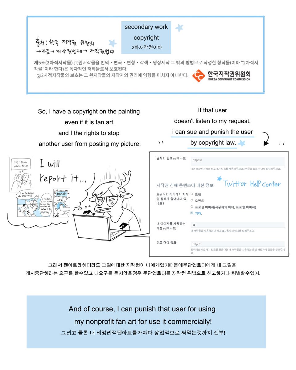 (3)-끝
한국저작권위원회(Korea copyright commission): https://t.co/0LeZ0JZv97
트위터 저작 신고에 대해(twitter help center):
https://t.co/Fh2lJrKZNs
트위터 저작권 신고(twitter copyright reporting function):
https://t.co/Fh2lJrKZNs 