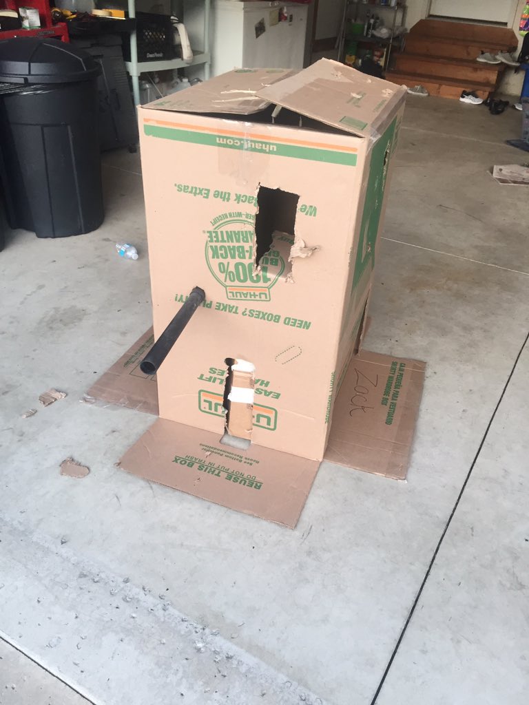 jeffchicki's tweet photo. My 8 year old son asked if he could play with the boxes in the garage after school, and this is what I came out to #makerspace #ICEIndiana https://t.co/2eOPZqYdKI