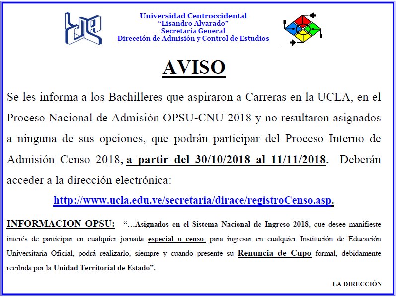 SecretariaUCLA's tweet photo. La Secretaría informa... Proceso interno de Admisión Censo 2018, a través del siguiente enlace https://t.co/8nFhLeOMeC  @trafficLARA @UCLAve @uclaedumedia @opsuoficial #Censo2018 #IngresoUCLA2018 #AdmisionUCLA https://t.co/uOpoKbcjbr