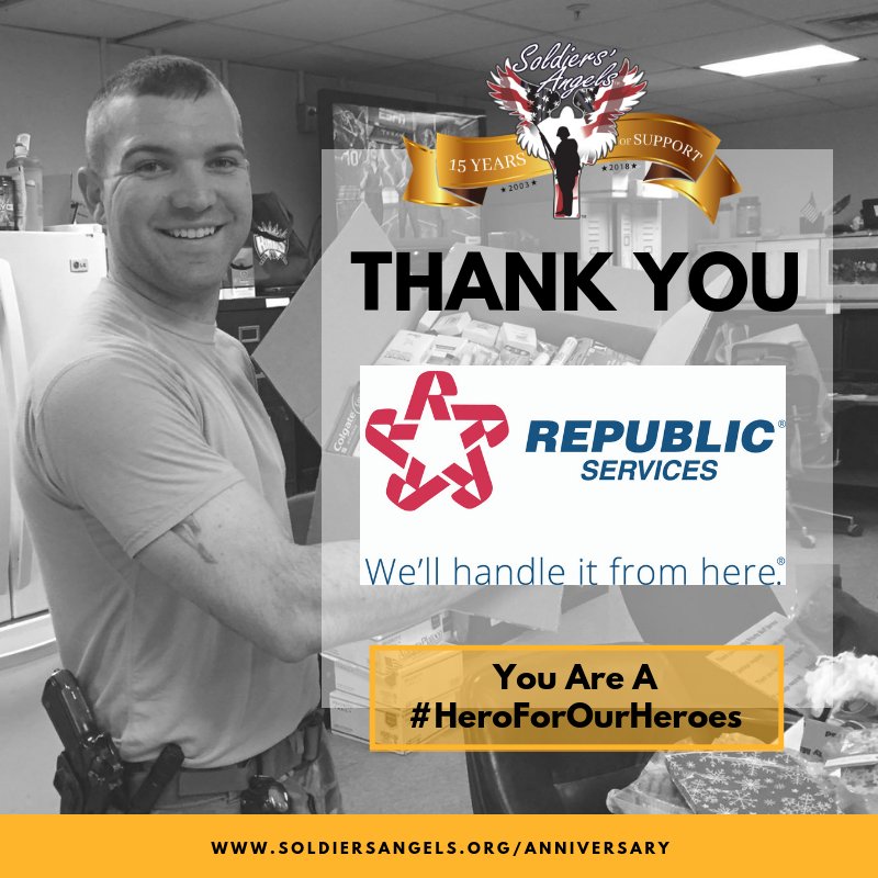 soldiersangels's tweet photo. Thank you @RepublicService for being a #HeroForOurHeroes! Republic Services generously supported the #SoldiersAngels 15th Anniversary celebration with a sponsorship that will help us pack 15,000 care items for troops & veterans in 15 hours on October 26, 2018. #15YearsofSupport https://t.co/2iuk5uwk0K