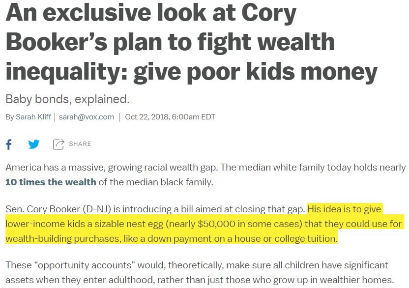 So get this: Sen. <a href="/CoryBooker/">Cory Booker</a> (yeah, #Sparctacus) has a great idea to fight wealth inequality: Give poor kids $50,000 each.
The stupid is simply breathtaking.
#LiberalLogic
#MoneyMatters

…alogingthedeclineofthewest.tumblr.com/post/179398052…