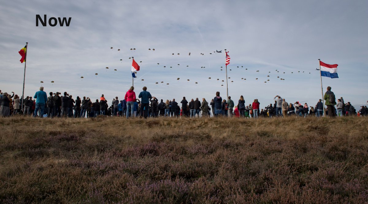 USArmyEURAF's tweet photo. #ThrowbackThursday: Then-Parachutes of the 1st Allied Airborne Army open over 🇳🇱 in 1944. Now-Dutch citizens watch as multinational Soldiers parachute as part of the anniversary of Operation Market Garden #StrongEurope #Allied2Win #partnerships @USArmy @US_EUCOM @TRADOC https://t.co/5R0abzKssN