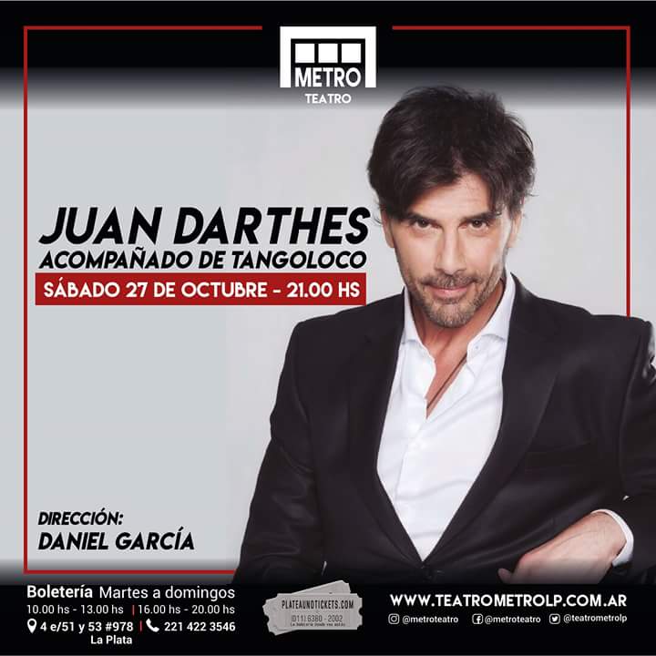 Vamos todas a La Plata el 27/10 que a las 21 hs nos esperan <a href="/darthesjuan1/">Juan Darthés</a> y <a href="/tangolocodanga/">Daniel C. Garcia</a>  en el <a href="/teatrometrolp/">METRO Teatro La Plata</a>  con un Show para no olvidar!! Entradas en Boletería del teatro o <a href="/plateaunoticket/">plateaunotickets</a> .