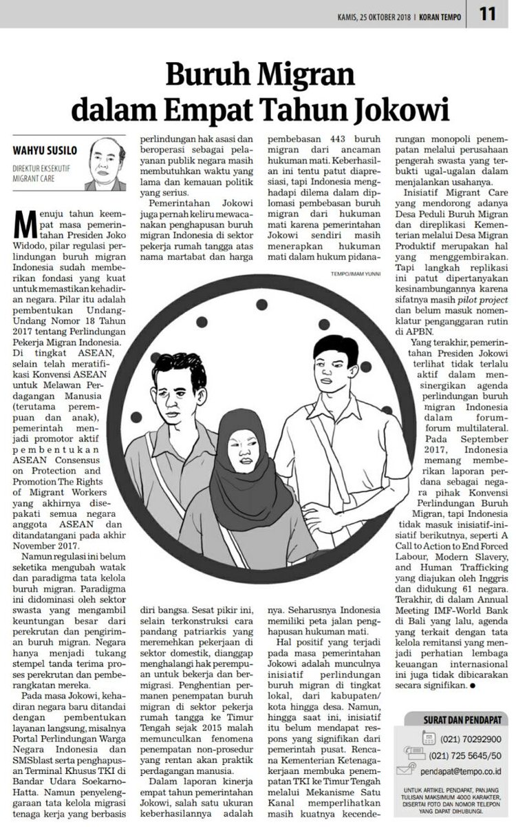 Beberapa catatan penting, capaian dan kritik tentang kinerja 4 tahun Presiden <a href="/jokowi/">Joko Widodo</a> untuk janji menghadirkan negara dalam perlindungan buruh migran. Naskah aslinya sebenarnya panjang, ini edisi yang sudah dimampatkan untuk selembar opini di @korantempo. Sila baca| <a href="/migrantcare/">Migrant CARE</a>