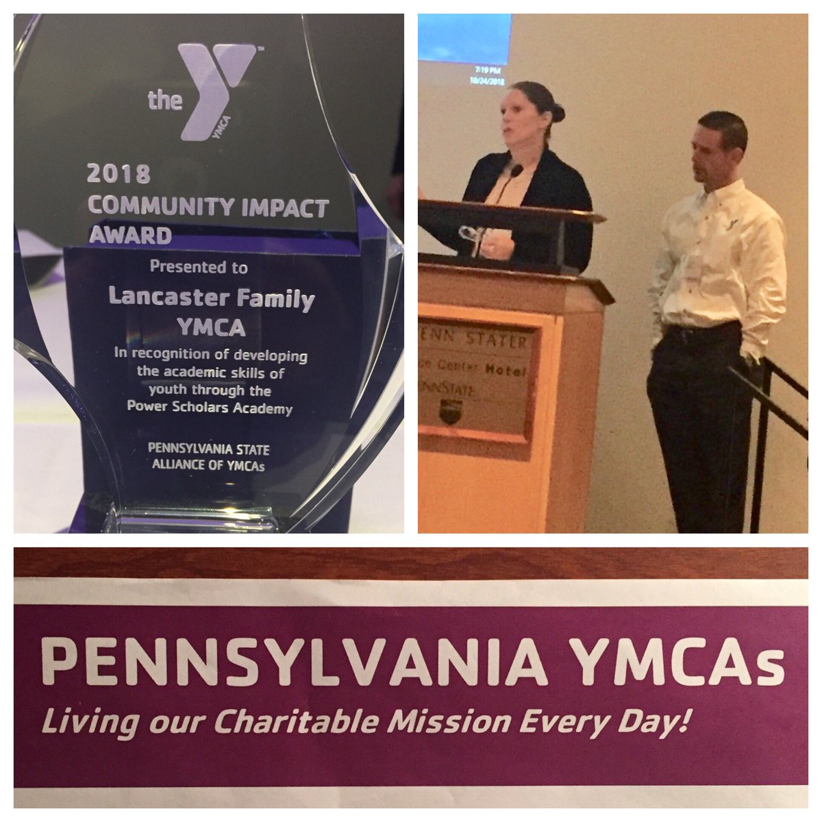 Standing ovation to @LancasterYMCA #charity leaders Jeff and Tracy for their work w our #kids in the #PowerScholar program! They rock this <a href="/AlliancePAYMCA/">Pennsylvania YMCAs</a> Community Impact Award! Thx @DavidSJohnJr and Kim from <a href="/ReadingBerksY/">YMCA</a>!