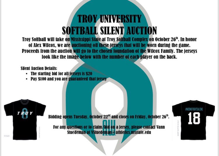 Alright Everyone...between now and Friday at 1pm I will personally match each $100 that is spent to purchase the remaining Troy jerseys! It is all going to a great cause! HELP ME SPEND SOME MONEY!!!!  💰💸 <a href="/TroyAthletics/">Troy Athletics</a> <a href="/TroyTrojansSB/">Troy Softball</a> <a href="/HailStateSB/">Mississippi State Softball</a> <a href="/geauxteal/">GeauxTeal Ovarian Cancer Awareness</a>