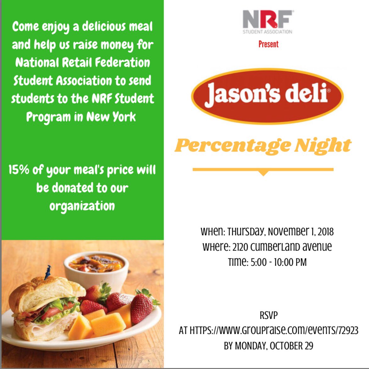 We will be hosting our percentage night at Jason Deli, which is NEXT THURSDAY from 5:00-10:00 PM! Please RSVP at groupraise.com/events/72923 by October 29, 2018! Bring your friends and enjoy some meals! You don’t want to miss out on this awesome event for our organization.