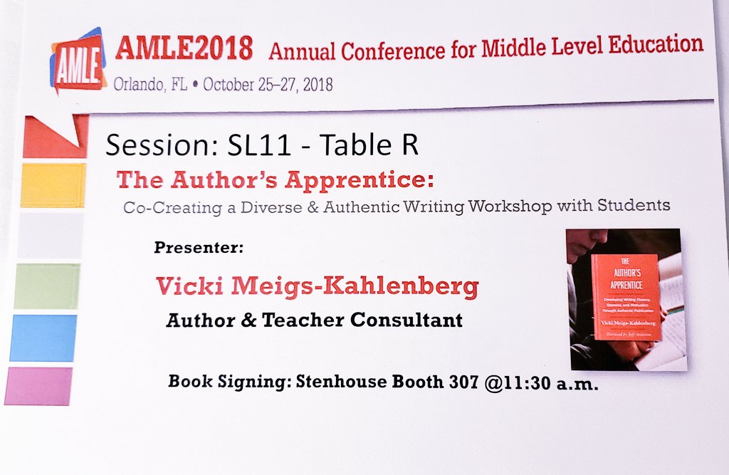 VMeigsK's tweet photo. Finally arrived at #AMLE2018! So excited to share ways to co-create a diverse &amp; authentic writing workshop w/Ss that honors their backgrounds &amp; journeys. Looking forward to seeing you at the coffee social! Join me after in Osceola Ballroom B for  #AuthorsApprentice https://t.co/yj7cwBd8b7