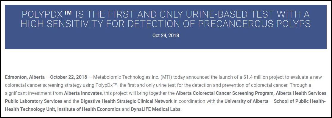 ABInnovates's tweet photo. Proud to have provided early funding a new, made-in-Alberta, #colorectalcancer screening strategy. @MetabolomicTech‘s PolypDx™ is the first and only urine test for the detection and prevention of colorectal cancer. Learn more: https://t.co/Ec1Ms1HiM4. #ScreeningForLife https://t.co/BKPCr8UoKn