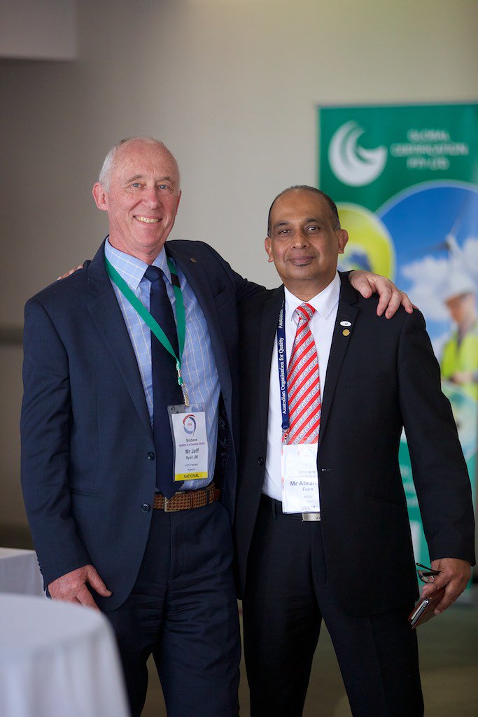 Presidents Jeff Ryall (AOQ) and Abraham Fenn (NZOQ) celebrate the fantastic #Qualcon2018 held in Brisbane. Congratulations to @aoqltd on a successful conference!