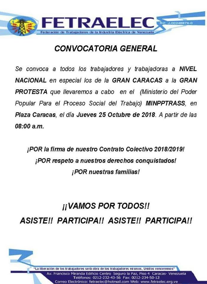 willsongutierrz's tweet photo. Saludo clasista desde Lara, La Comisión Negociadora del Contrato Único del Sector Eléctrico, FETRAELEC y sus Sindicatos Afiliados ratifican la convocatoria a todos los trabajadores activos, jubilados y sobrevivientes a nivel nacional mañana a Caracas 25-10-2018 @oswaldomendezm https://t.co/rsLYrEmJ4E