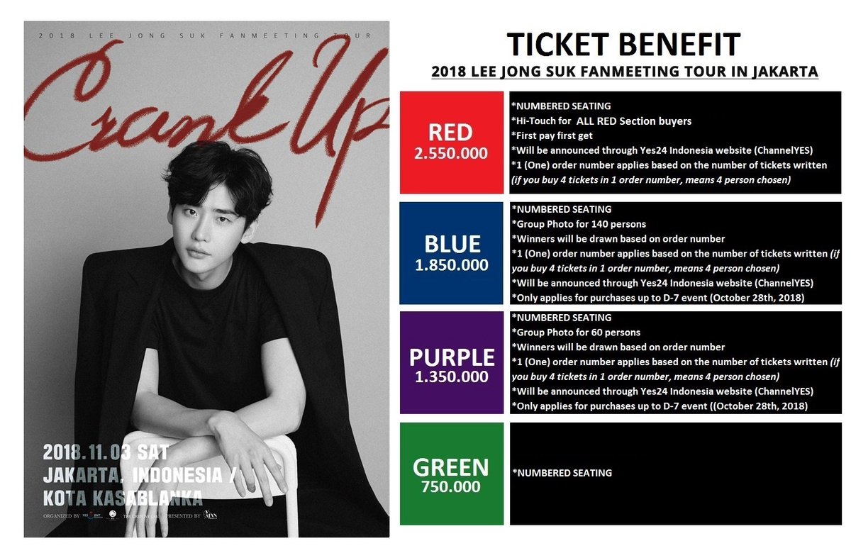 kpop4uina's tweet photo. 2018 Lee Jong Suk Fanmeeting Tour [Crank Up] in Jakarta on November 3rd at The Kasablanka Hall

RED masih tersedia jadi masih ada kesempatan buat yg mau Hi-Touch sama #LeeJongSuk!!

BLUE juga masih tersedia &amp; masih ada kesempatan buat yg mau Photo Group sama #LeeJongSuk!! 

😊😊 https://t.co/xJqUkMQsUi