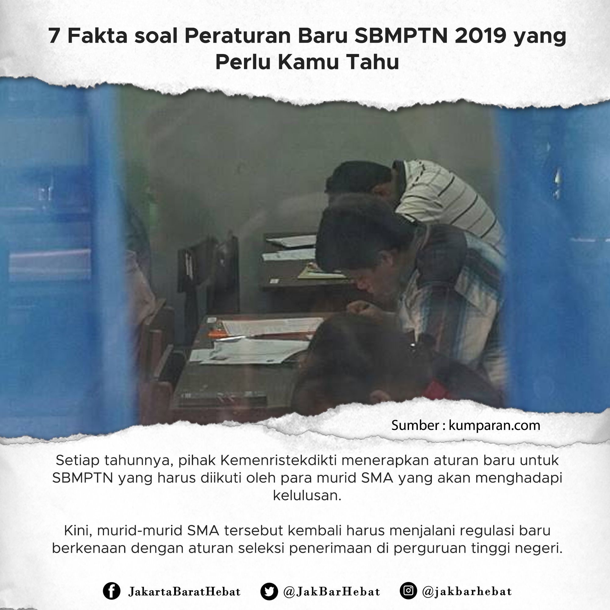 SBMPTN 2019 diselenggarakan oleh LTMPT 3 Ada dua materi ujian 4 Ujian berbasis Android belum diterapkan 5 Kuota SNMPTN berkurang 10 persen 6