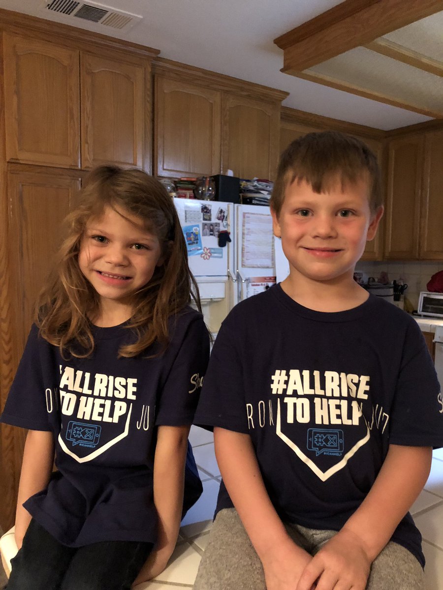 soeth's tweet photo. Wearing new shirts for sports day at school and bringing awareness to @icanhelp. Lil #aaronjudge fans #RedRibbonWeek #allrisetohelp @Sharpie https://t.co/1cUzyanaen