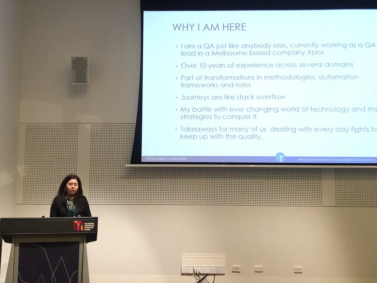 testingmindcon's tweet photo. Conquering #automation challenges amid evolving technology and methodology by @shellytiwari2 @myxplor at #TestAutomation & #digital #qa #summit #Melbourne #TAS18 https://t.co/60GV2bEgnE