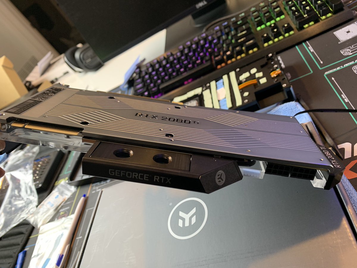 PCBetter_'s tweet photo. One @NVIDIAGeForce 2080ti down and one to go. @EKWaterBlocks fits like a glove. And who said you can’t use stock backplate with ek blocks? Pssssst #pcbetter https://t.co/fGeg7v7pEF