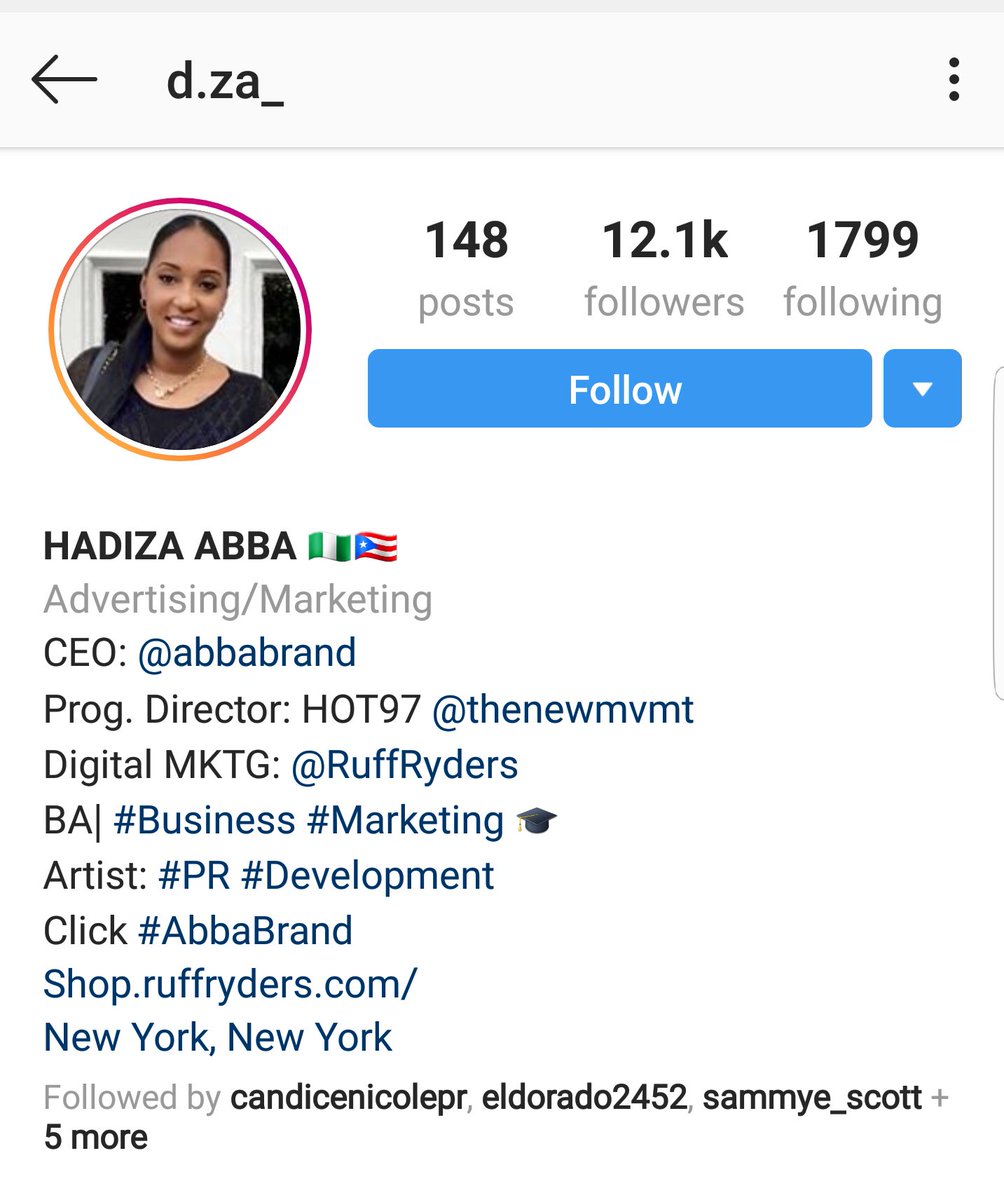 Hadiza Abba IG:  http://D.za Advertising/MarketingCEO of AbbaBrandProgram Director at HOT97Digital marketing at Ruff Ryders