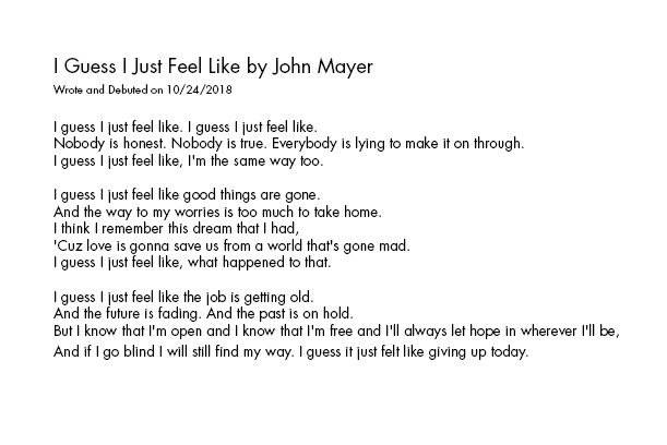 Regnbue Republik at retfærdiggøre John Mayer USA on Twitter: "“I Guess I Just Feel Like” by John Mayer Wrote and Debuted on 10/24/2018 https://t.co/Viuf4DyEMk" / Twitter Regnbue Republik at retfærdiggøre John Mayer USA on Twitter: "“I Guess I Just Feel Like” by John Mayer Wrote and Debuted on 10/24/2018 https://t.co/Viuf4DyEMk" / Twitter