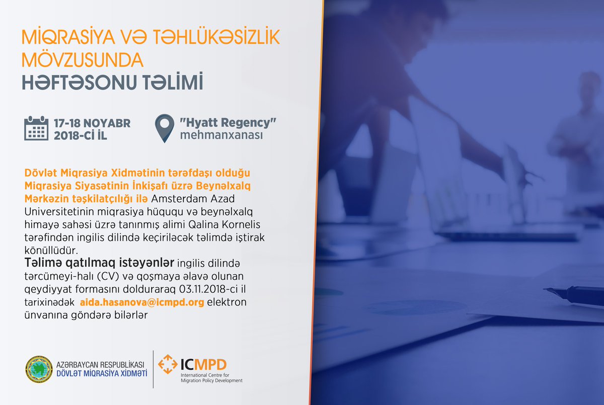migrationAZE's tweet photo. "Miqrasiya və təhlükəsizlik" mövzusunda həftəsonu təlimi
Ətraflı aşağıdakı keçiddə:
https://t.co/uNJrCRcqsN
#Azərbaycan #DövlətMiqrasiyaXidməti @ICMPD https://t.co/N8uuPIy4Qt