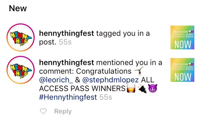 I won an all access pass to the #Hennyfest this weekend off of Instagram‼️ #Winning https://t.co/wVK<a href="/tag/hennyfest"class="tags">#Hennyfest</a><a href="/tag/winning"class="tags"><span>#winning</span></a>