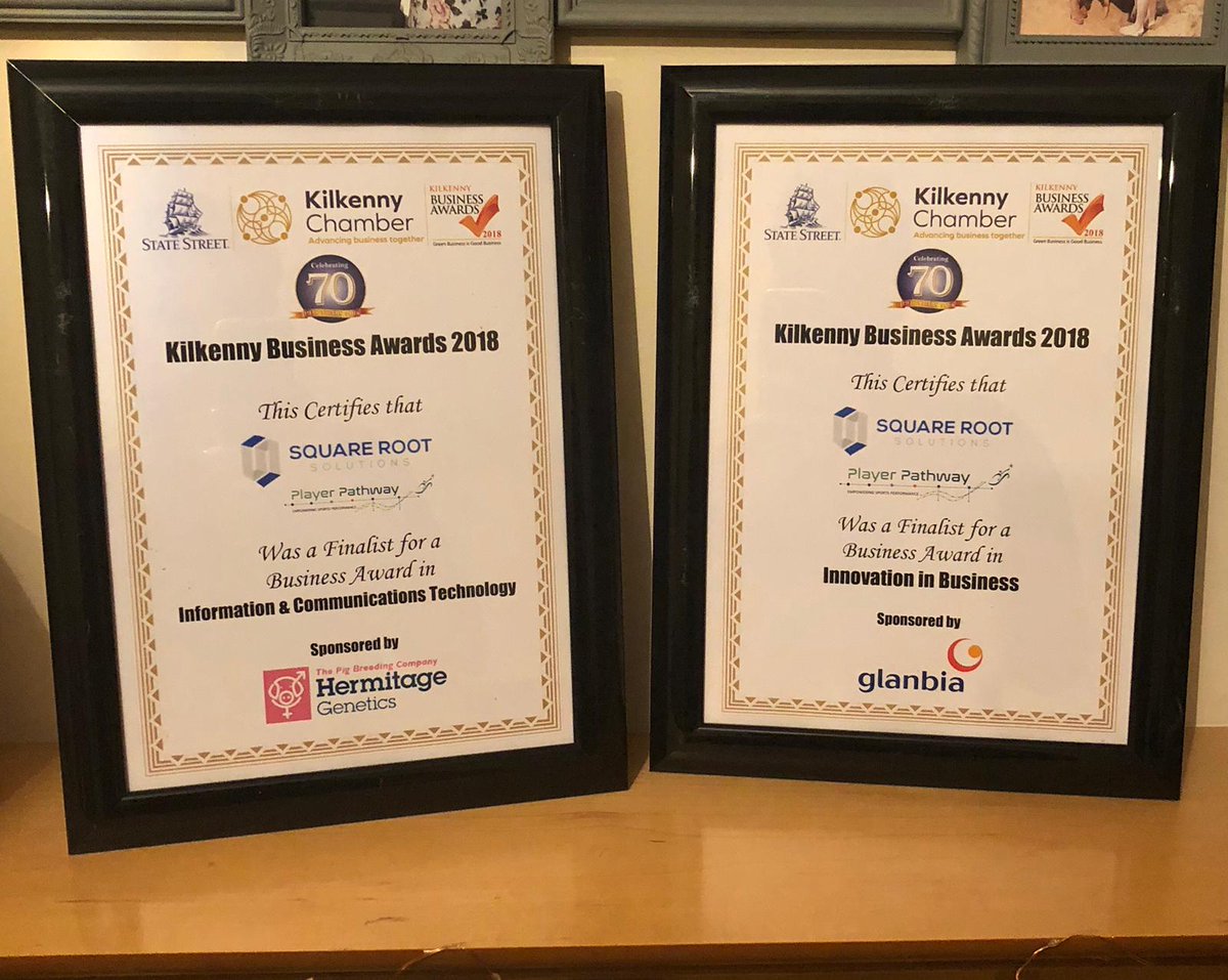 Squareroot_ie's tweet photo. It is with great excitement today to announce that @Squareroot_ie &amp; @PlayerPathwayIE were finalists for INNOVATION IN BUSINESS &amp; INFORMATION &amp; COMMUNICATION TECHNOLOGY in the @KilkennyChamber Business Awards. 🏆 https://t.co/siUVKO7x4t