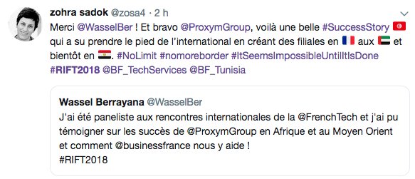 ProxymGroup's tweet photo. Nous étions heureux de participer, hier, aux Rencontres Internationales
de la #FrenchTech. Notre CEO @WasselBer est intervenu au sujet du dynamisme de l'écosystème-startup africain: La #SuccessStory de Proxym en #Afrique et à l'international comme EXP. #rift2018 #YourDigitalWings https://t.co/GFinol2Iaa