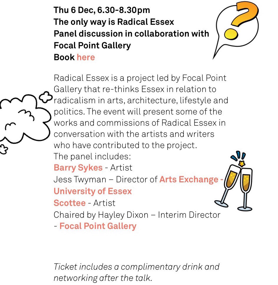 COMING SOON: Thurs 6th Dec <a href="/SPACEstudios/">[    s p a c e    ]</a> Colchester I get to talk about all things <a href="/RadicalEssex/">Radical ESSEX</a> with @ScotteeIsFat, Jess Twyman of <a href="/ArtExchangeUoE/">ArtExchange</a> &amp; Hayley Dixon of <a href="/FPGSouthend/">Focal Point Gallery</a>! Tickets>>>spacestudios.org.uk/artist-develop…