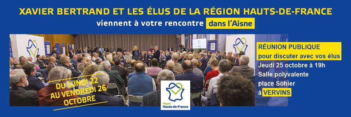hautsdefrance's tweet photo. [Réunion publique] Venez échanger avec @xavierbertrand et les élus de la région #hautsdefrance ce soir à 19h au cœur de la salle polyvalente de #Vervins : vous pouvez encore vous inscrire ⏩ https://t.co/tP8boKRAhE #LaRegionProchedeVous #Aisne https://t.co/UJdllsBh9V
