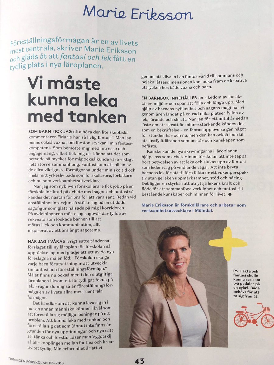 Efter 20 års arbete i (och sex böcker om) sagans värld så känns det fantastiskt att förskolans nya läroplan innefattar mål om fantasi och föreställningsförmåga. Det är helt klart värt att lyftas i en krönika! #tidningenförskolan