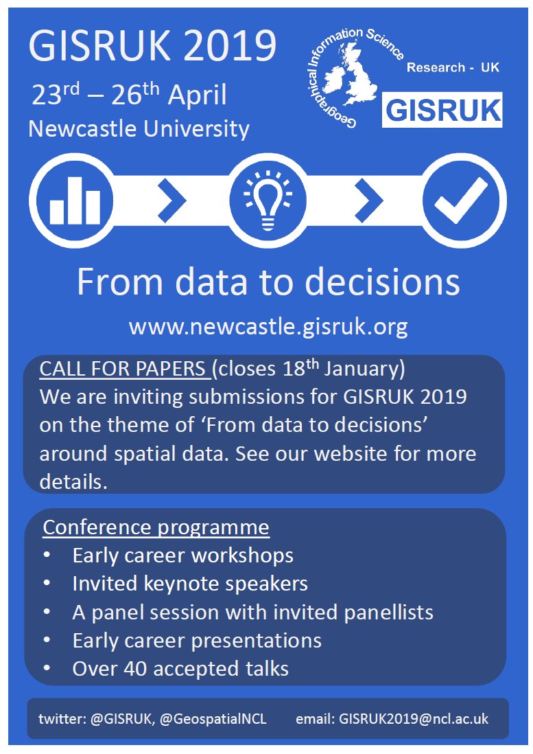 Doing something cool with spatial data? Tell the world about it in #Newcastle #GISRUK

#fromDatatoDecisions

Call for papers open now.
newcastle.gisruk.org