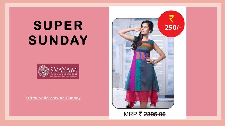 SvayamGroup's tweet photo. Super Sunday Kurtis starting Rs 250 onwards at Svayam Showroom - 4 AB, Kandivali Industrial Co-op industrial estate, Hindustan Naka, Kandivali West, Mumbai - 400067.
Mob : 9082763728

Super Sunday - Every Sunday. 
*Offer valid till stocks last https://t.co/PywD03059Z
