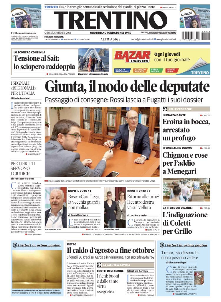 Alberto Faustini Buon Giovedi Con La Primapagina Del Trentin0 Oggi In Edicola Con Bazar
