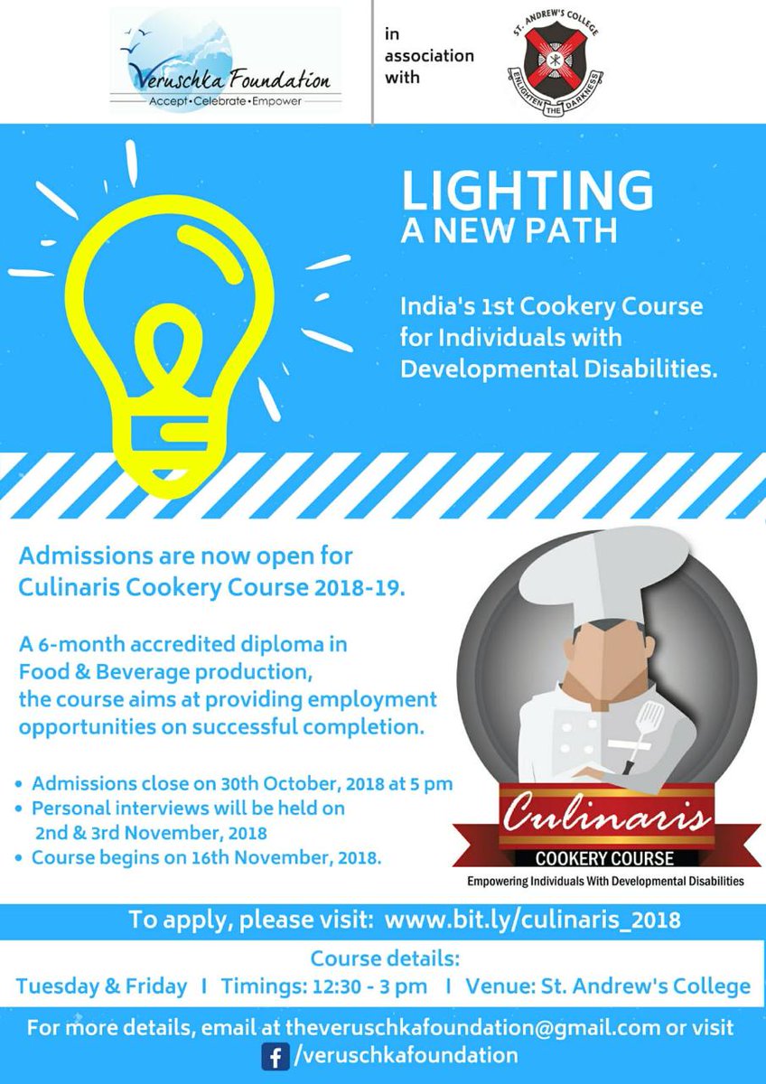 India's 1st Cookery Course for Individuals with Developmental Disabilities begins admission for 2018-19 batch. 
Apply at bit.ly/culinaris_2018

#CulinarisCookeryCourse 
#VeruschkaFoundation
#StAndrewsCollege
#differentnotless