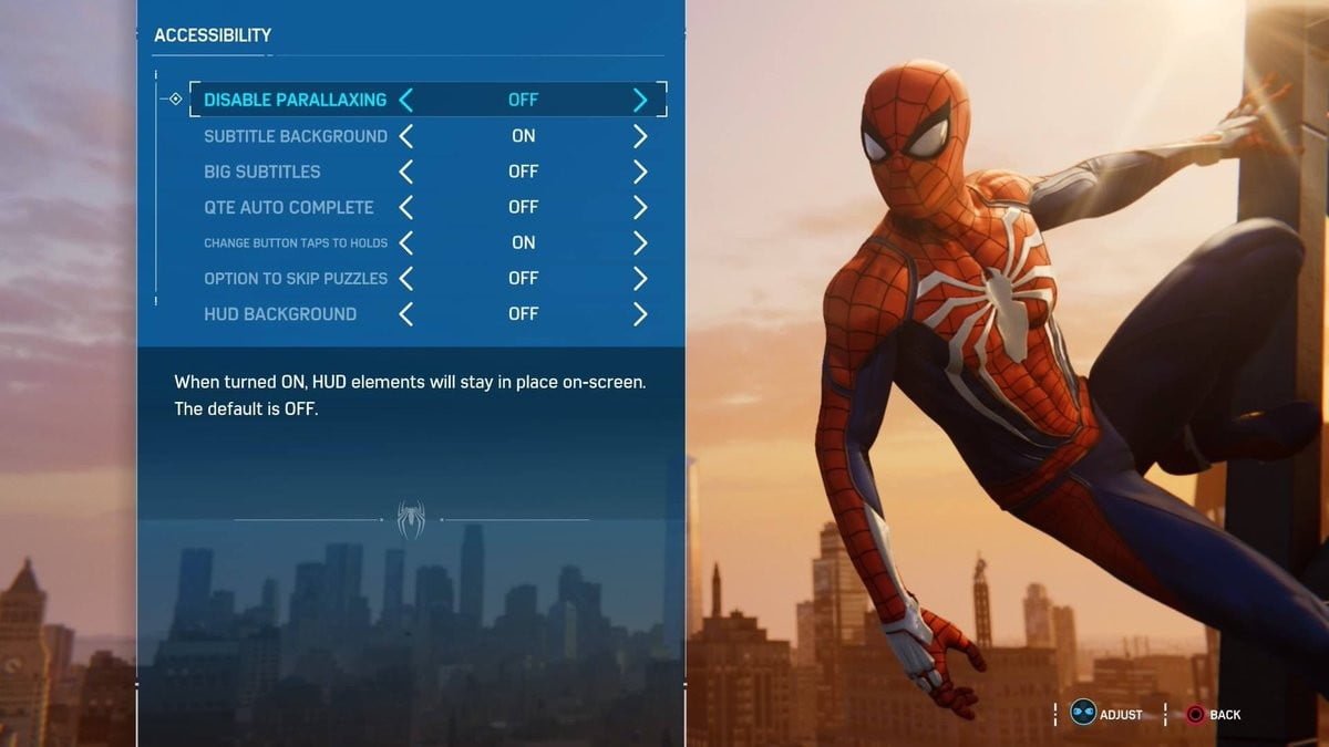 Spider-man accessibility menu