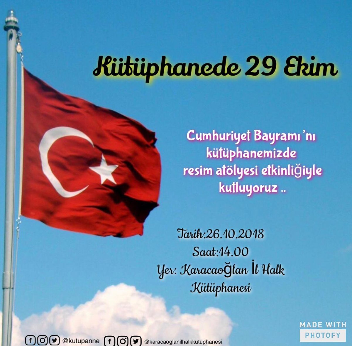 'Cuma Etkinlikleri ' kapsamında bu cuma Genç Gönüllü Tuba Koca ile Cumhuriyetimizin 95. yılını Resim Atölyesi çalışması adı altında çeşitli  etkinliklerle kutluyoruz. #republicholiday #republic95yearsold #29october1923 #livinglibrary #29octoberinlibrary #youngvolunteer