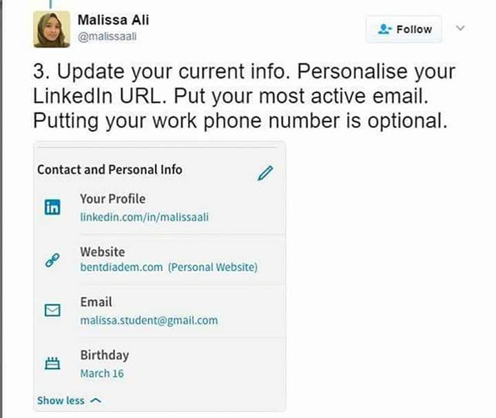 aaizatnizam's tweet photo. Bagaimana cara nak guna LinkedIn untuk dapatkan interview ? Gadis ini kongsikan tips yang power!

Kredit : Malissa Ali https://t.co/DgVPByxKSQ