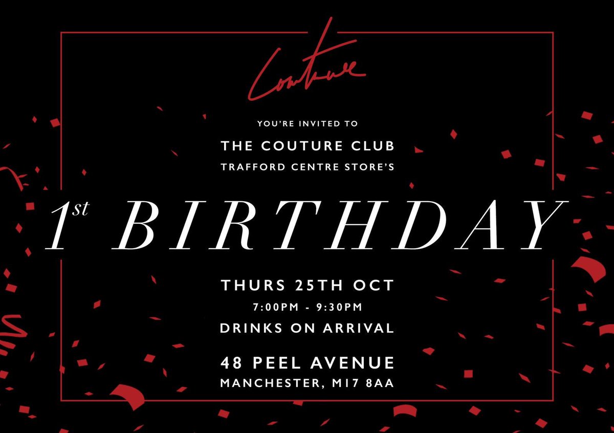 Can’t wait to celebrate with the boys down at <a href="/TheCouture_Club/">The Couture Club</a> Trafford centre store tonight! See everyone down there at 7pm! 30% OFF in the store all week 👀🚀 #1stbirthday