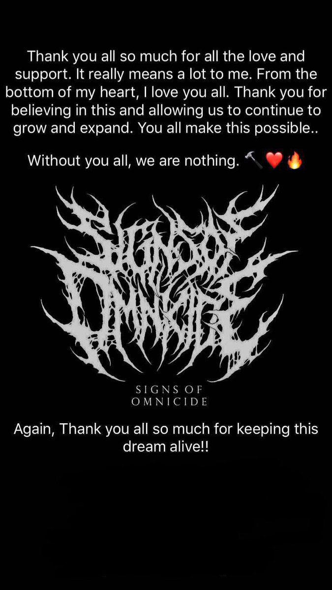 SignsOfOmnicide's tweet photo. Thank you all so much for an amazing two years. We are just getting started. We are very excited for what the future has in store for us. This is just the start of something much bigger and greater.. #SignsOfOmnicide #inheritedsufferingrecords #txdm https://t.co/zlLRSNbbT1