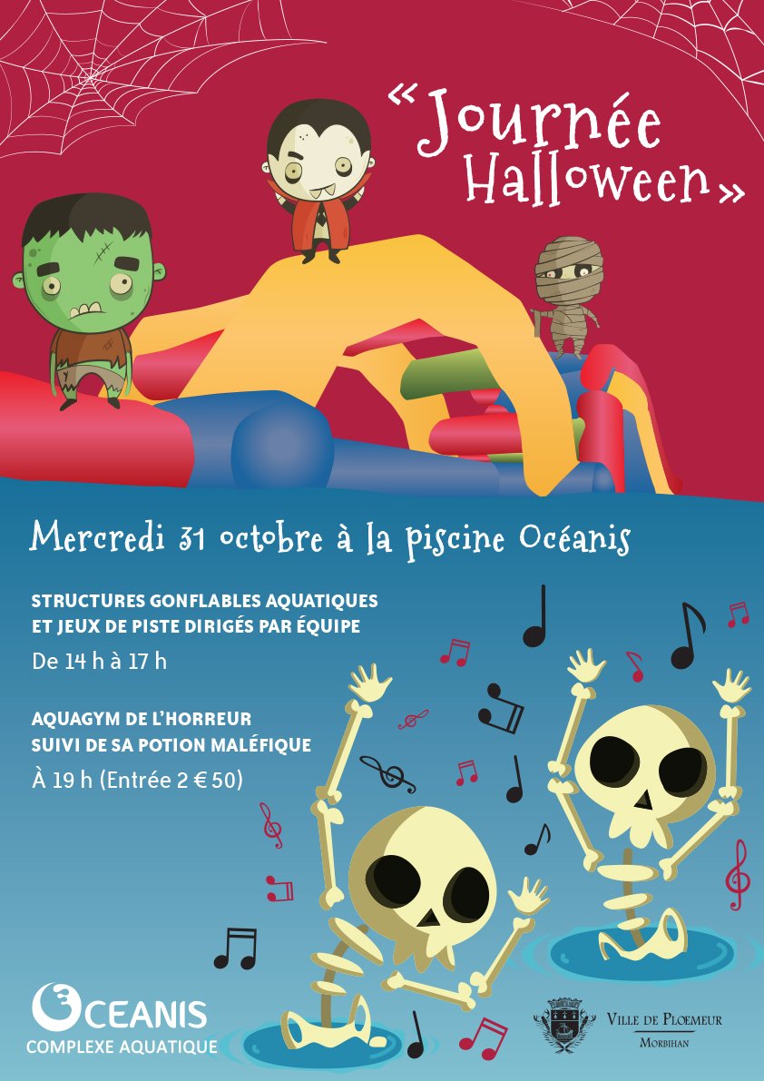 VillePloemeur's tweet photo. Après les petits monstres, le complexe aquatique #Océanis propose une journée #halloween : #structuresgonflables, #jeuxdepiste #aquagymdelhorreur mercredi 31 octobre. https://t.co/rdp8rKHzI0