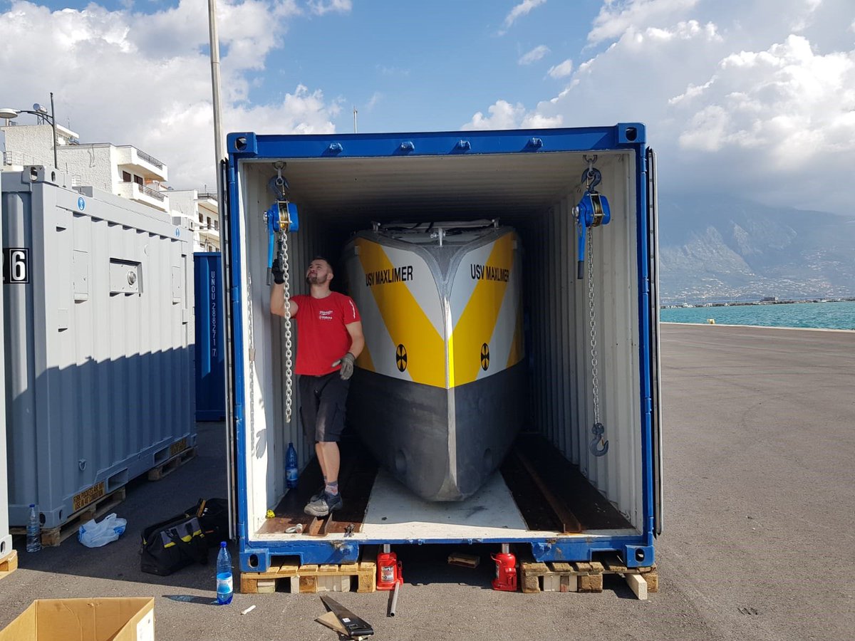 The GEBCO-NF Alumni team has arrived! We’re now preparing to unload the <a href="/Hushcraftltd/">Hush Craft</a> SEA-KIT #USV from its shipping container before assembling it in Kalamata ahead of the final round of the #ShellOceanDiscoveryXPRIZE <a href="/XPRIZE/">XPRIZE</a> #OceanDiscovery