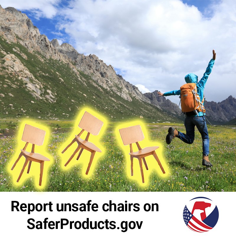 Glowing chairs chasing a young woman through the mountainside. The text reads: Report unsafe chairs on SaferProducts.gov