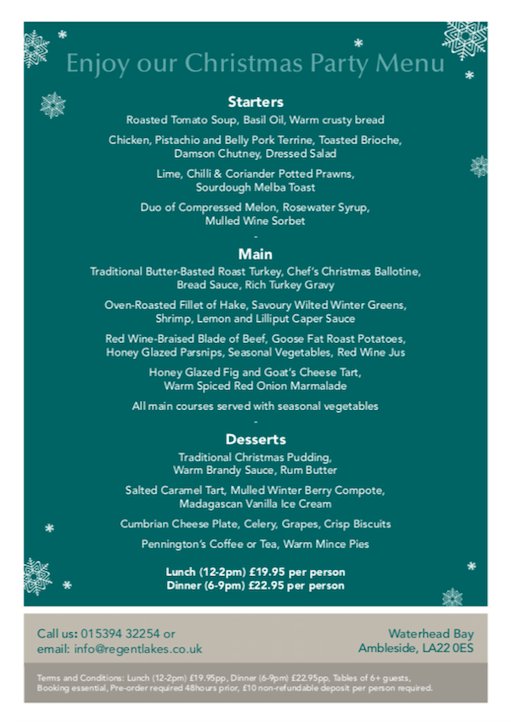 It's the time of year when everyone is starting to think about work Christmas parties! Have you planned yours? 

Book here at the Regent to enjoy this delicious, tempting menu...

regentlakes.co.uk 

#christmasparties #diningout #festiveseason #planning