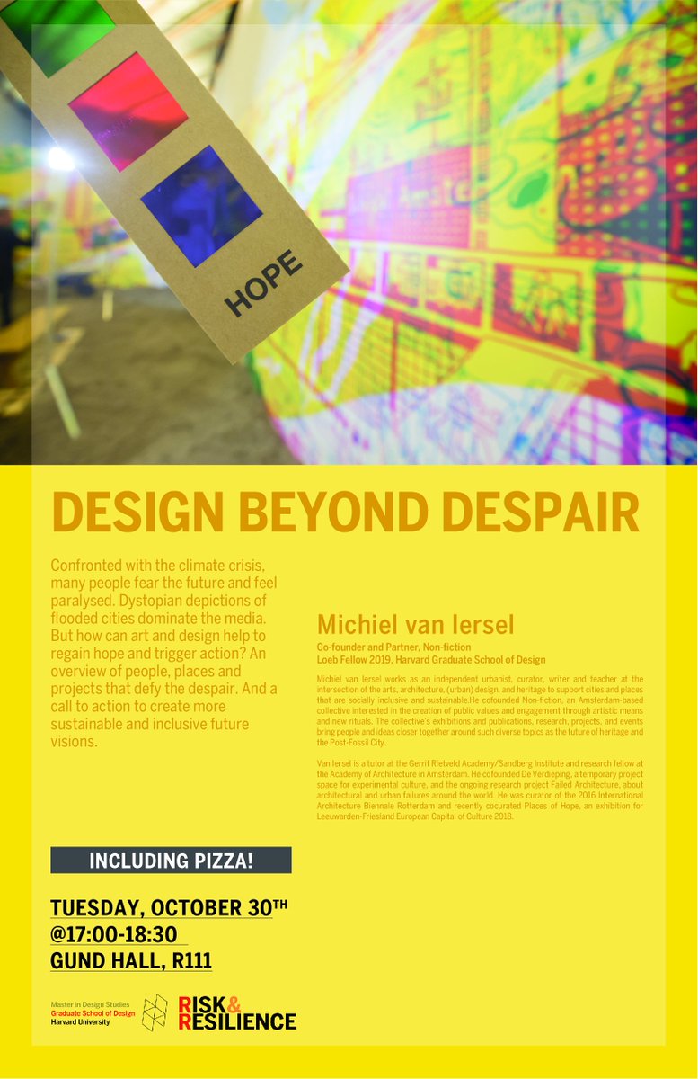 Coming Tuesday Oct. 30 I'll be giving a talk for the Risk and Resilience dept. of <a href="/HarvardGSD/">Harvard GSD</a>, titled 'Design beyond Despair'. I'll talk about <a href="/FailedArch/">Failed Architecture</a>, the <a href="/IABR/">IABR</a>, <a href="/PlacesHope/">Places Of Hope</a>, the Post-Fossil City Contest and other projects. Starts 17:00. Open to all! Free pizzas!!