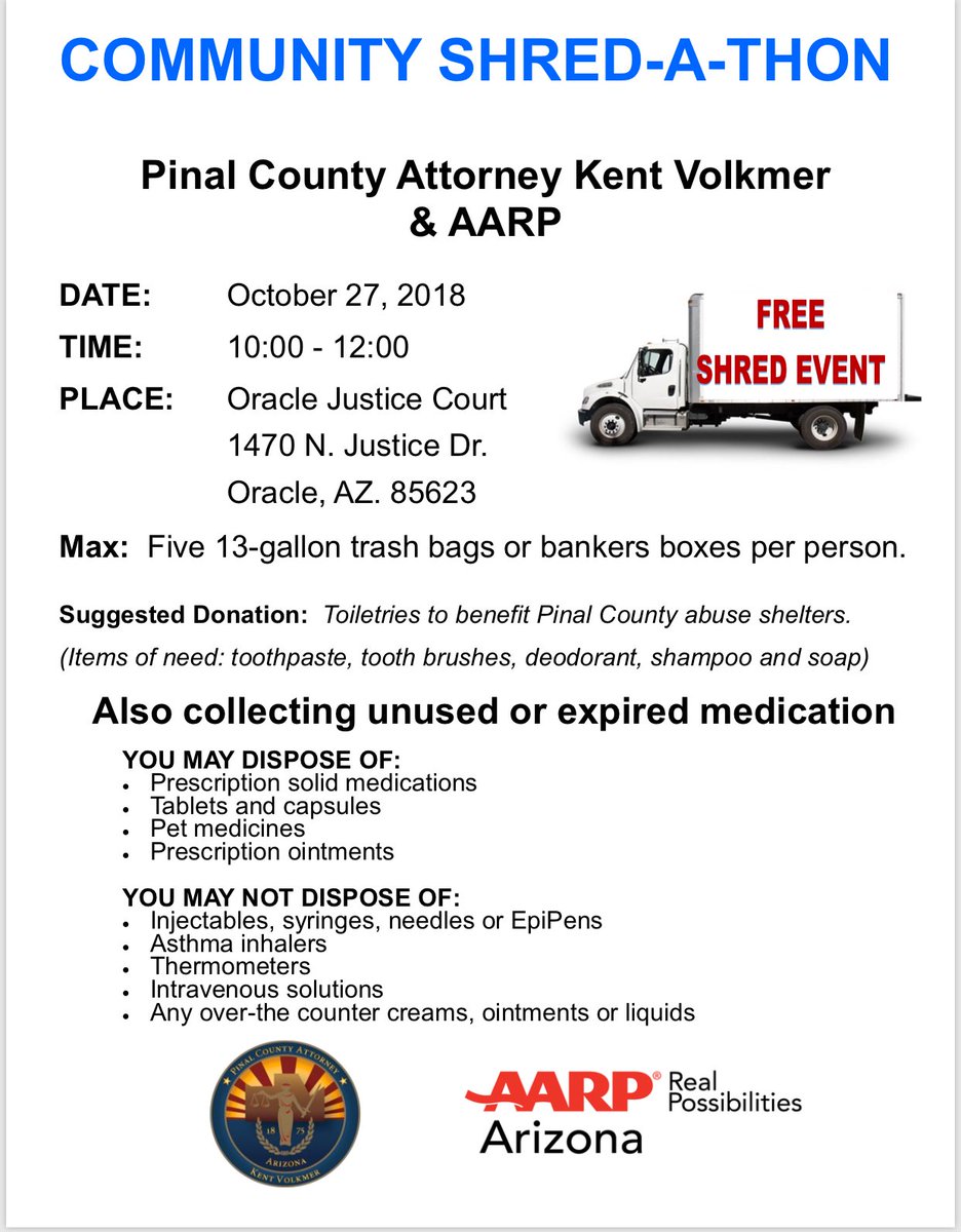ITSofAZ's tweet photo. Community Shred-a-Thon
Pinal County is hosting a shred-a-thon and the opportunity to dispose safely of prescrition medications.  Don't forget, you can also safely dispose of the medications prescribed to your pets! #OpioidEpidemic #ITSofAZ #PrescriptionTakeBack https://t.co/8ODYmmfw17