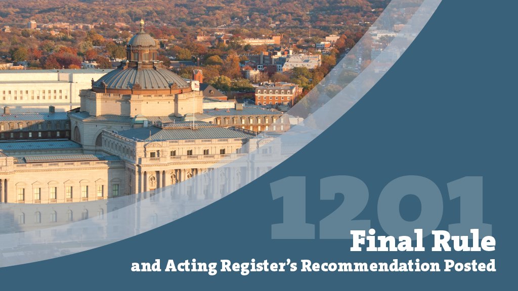 CopyrightOffice's tweet image. The 1201 Final Rule is available for public inspection go.usa.gov/xPPZg. For more information, see our 1201 webpage, which includes the Acting Register of Copyright’s recommendation and the Librarian of Congress's final rule.  go.usa.gov/xPPDb