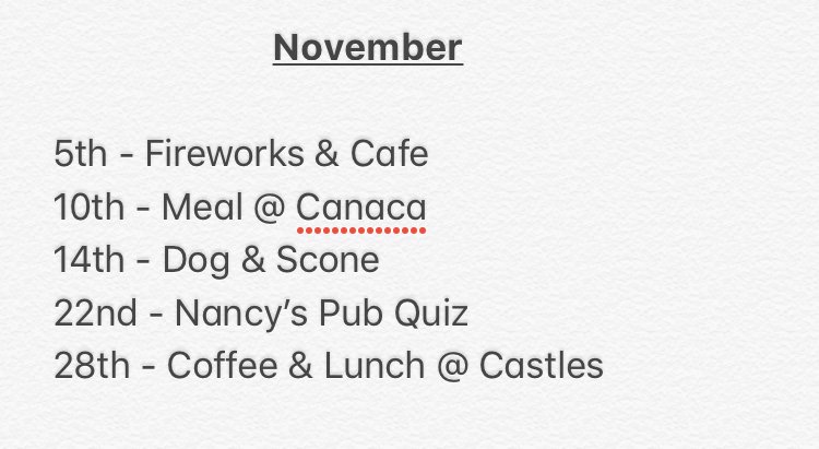 NSUMatSoc's tweet photo. Good Morning you lovely lot. Here's a list of November's plans! Check your emails/Facebook/NSU site for more info. #MatSoc #NSU #maturestudents #northumbria @canacastrtfood @nancysbordello #dogandscone @TasteNU #pubquiz #studentsociety https://t.co/pPLrMOlYN2