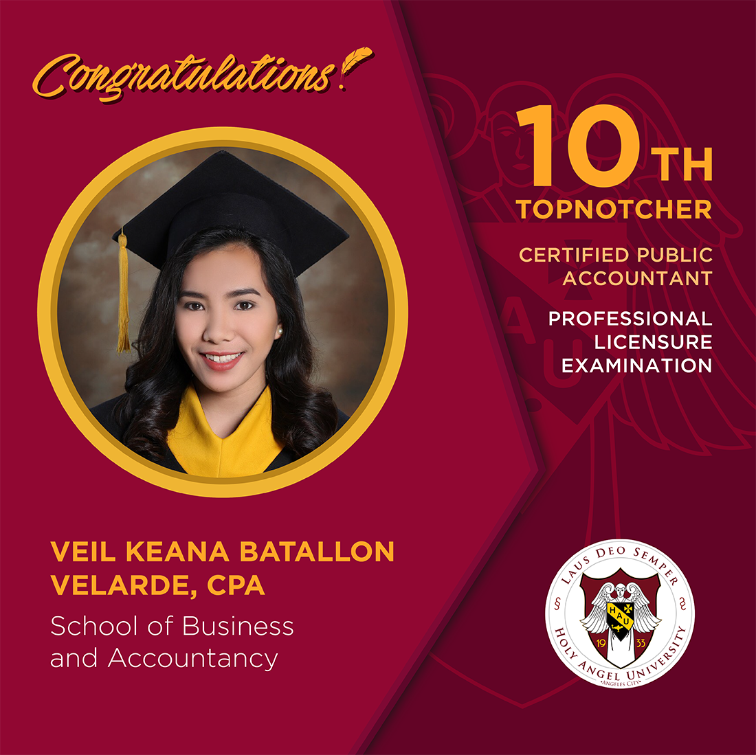 holyangel1933's tweet photo. HAU is 5th Top Performing School (in overall passing rate for schools with at least 50 examinees) in the October 2018 CPALE with an overall passing rate of 72.93%. Two HAU examinees were also recently announced topnotchers, namely Patrisha Cordero, 3rd; and Veil Velarde, 10th. https://t.co/tsn4hxvMGV