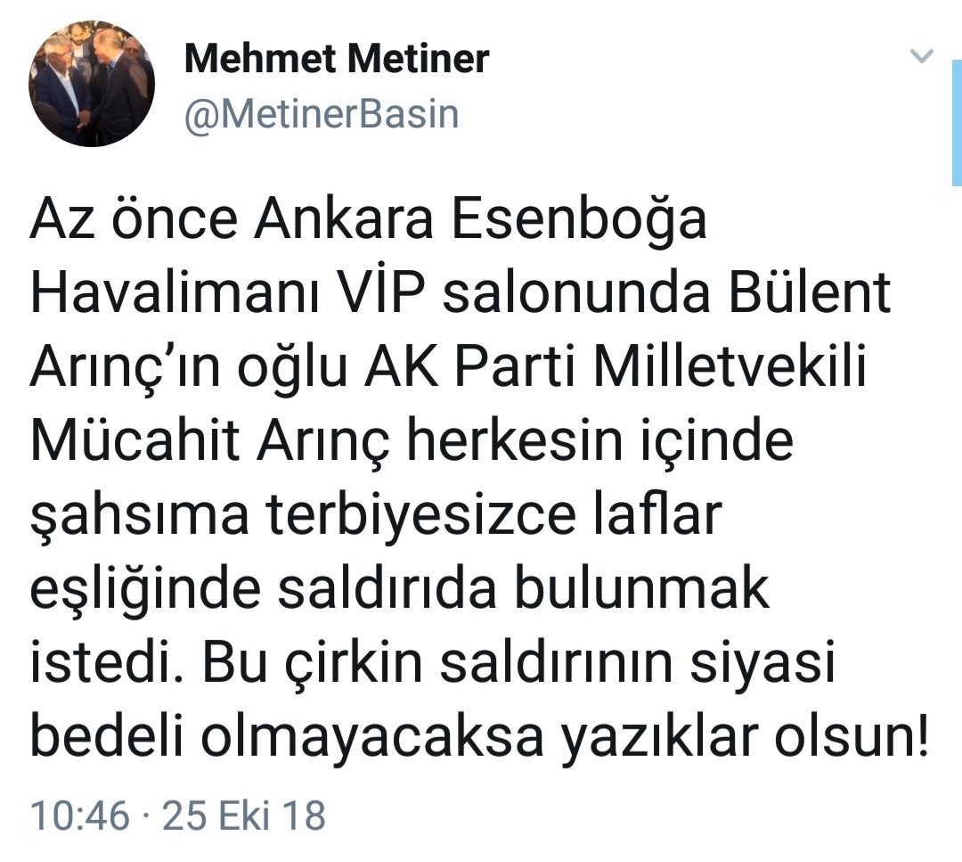 Metiner, Bülent Arınç'ın oÄlunun kendisine hakaret ettiÄini yazmıÅ. İlginç olan AKP'lilerin Metiner'e bu durumu sosyal medyada duyurduÄu için çemkirmeleri. Ancak hiçbir AKP'li Mehtap Yılmaz ile Mehmet Metiner'in Arınç'ı sosyal medyada maymun ederkenki performanslarına deÄinmiyor.