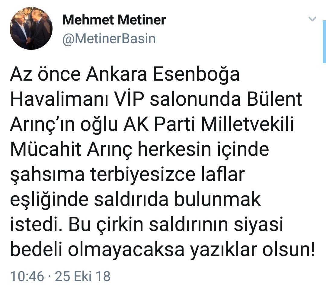 Metiner, BÃ¼lent ArÄ±nÃ§'Ä±n oÄlunun kendisine hakaret ettiÄini yazmÄ±Å. Ä°lginÃ§ olan AKP'lilerin Metiner'e bu durumu sosyal medyada duyurduÄu iÃ§in Ã§emkirmeleri. Ancak hiÃ§bir AKP'li Mehtap YÄ±lmaz ile Mehmet Metiner'in ArÄ±nÃ§'Ä± sosyal medyada maymun ederkenki performanslarÄ±na deÄinmiyor.